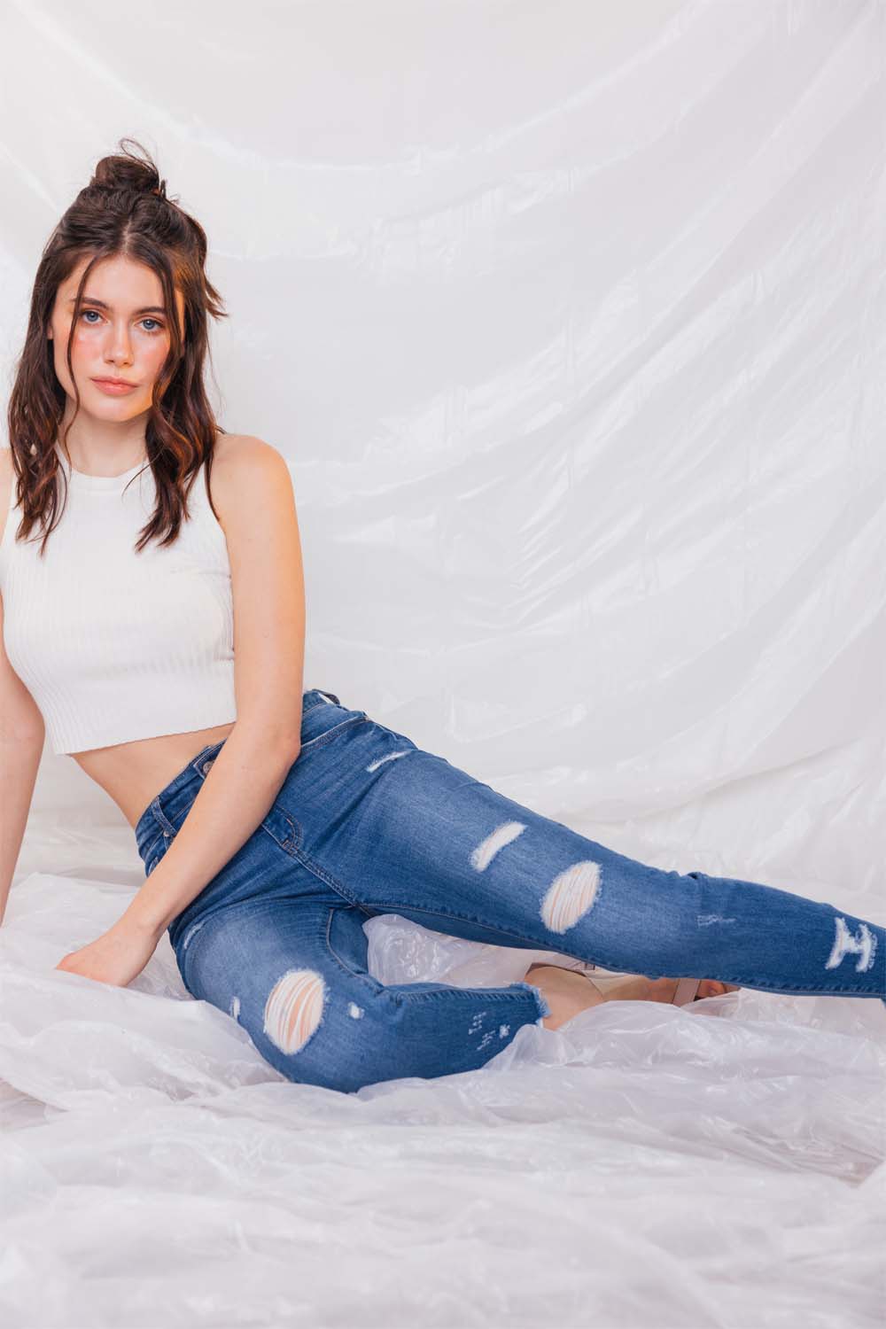 Destructed High Rise Ankle Skinny Jeans