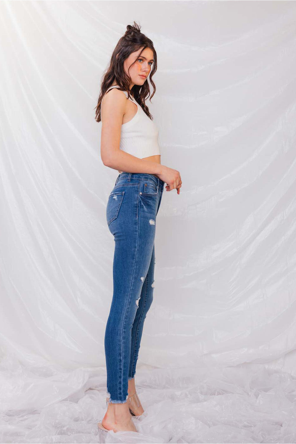 Destructed High Rise Ankle Skinny Jeans