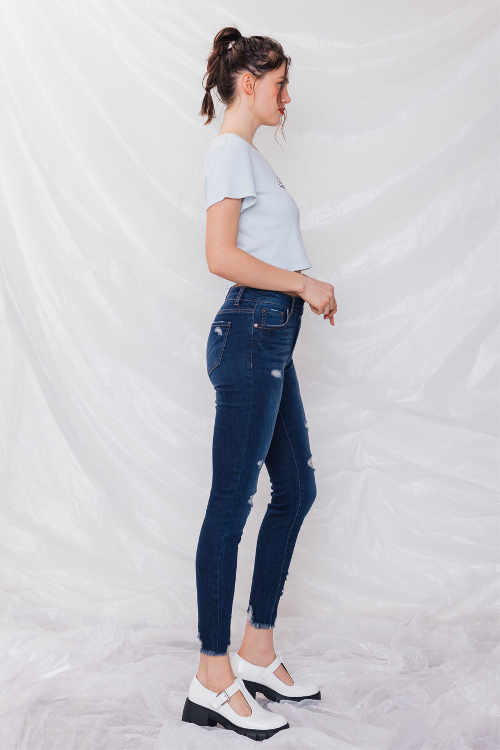 Destructed High Rise Ankle Skinny Jeans