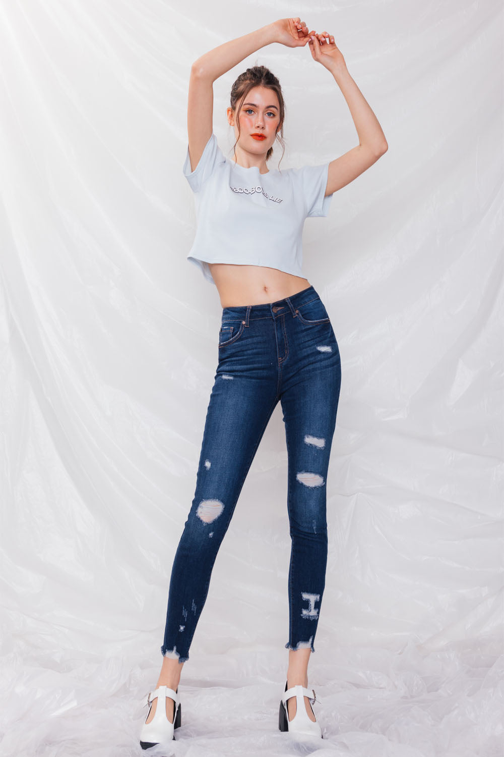 Destructed High Rise Ankle Skinny Jeans
