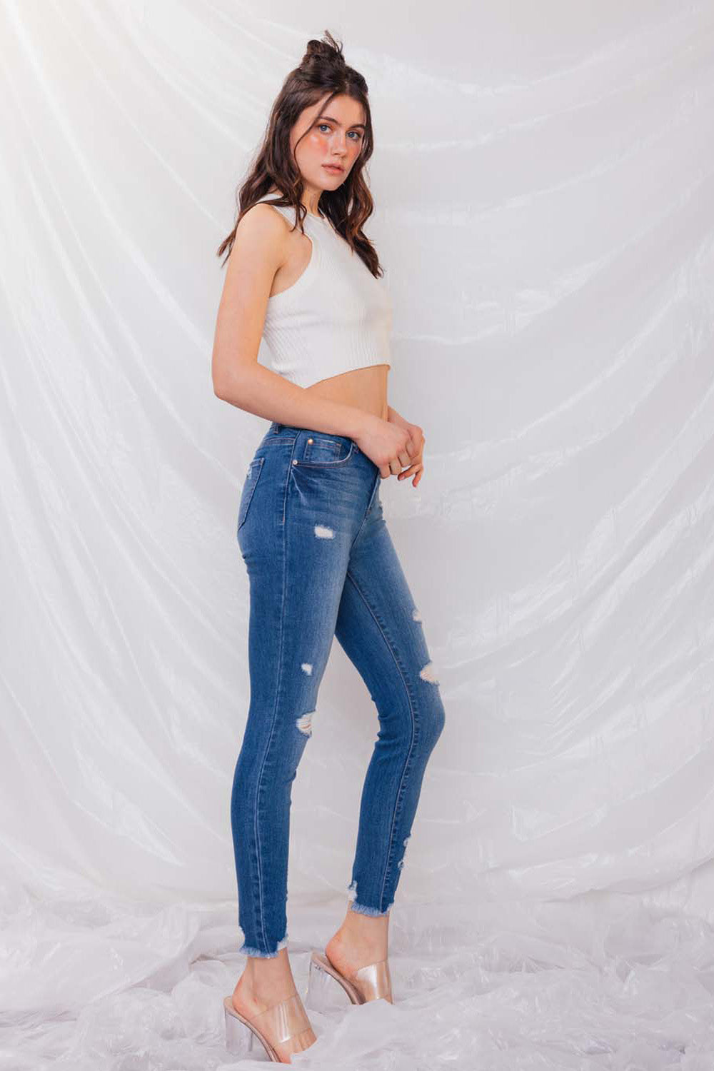 Destructed High Rise Ankle Skinny Jeans