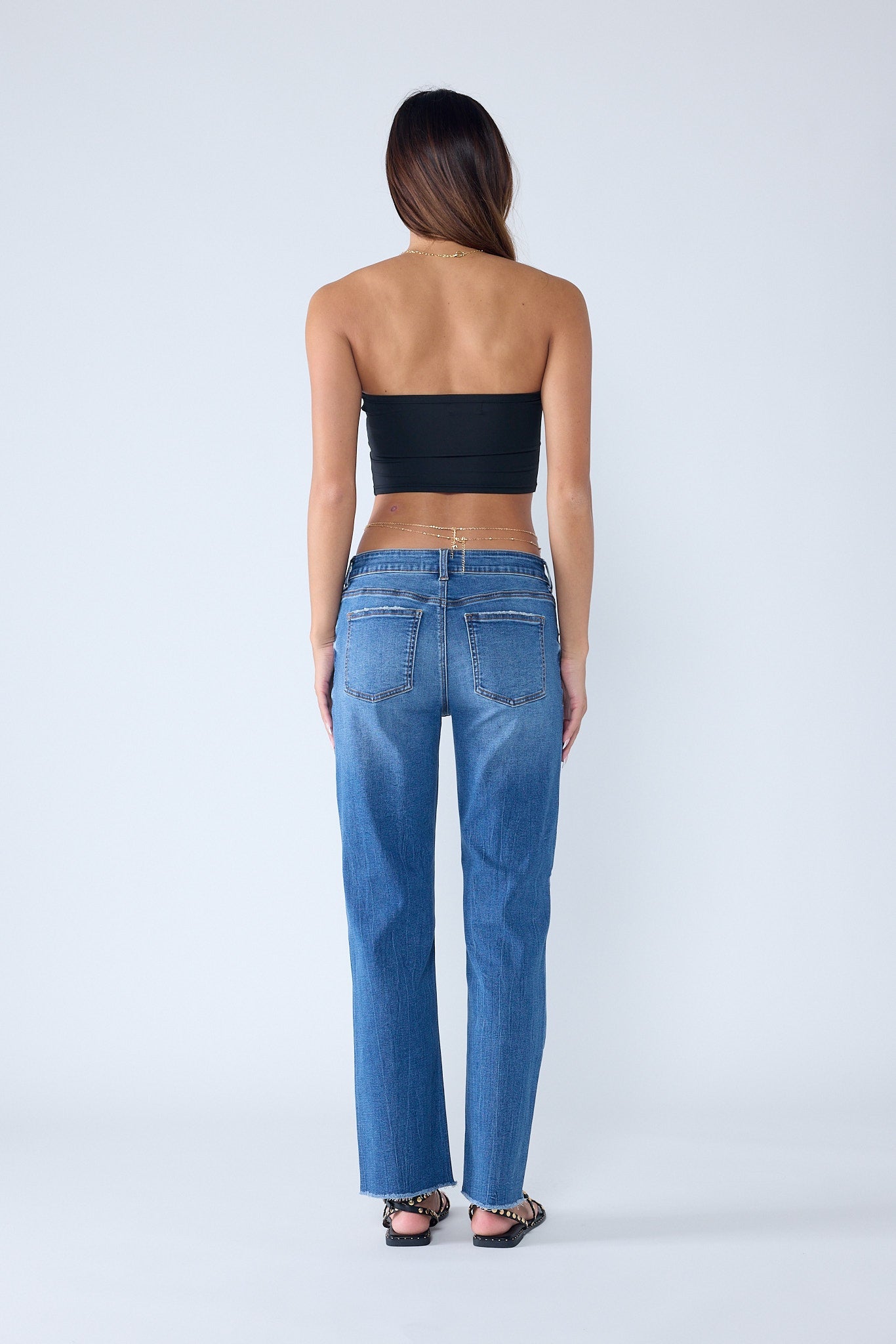 High Rise Knee Down Tie Wash Straight Jeans
