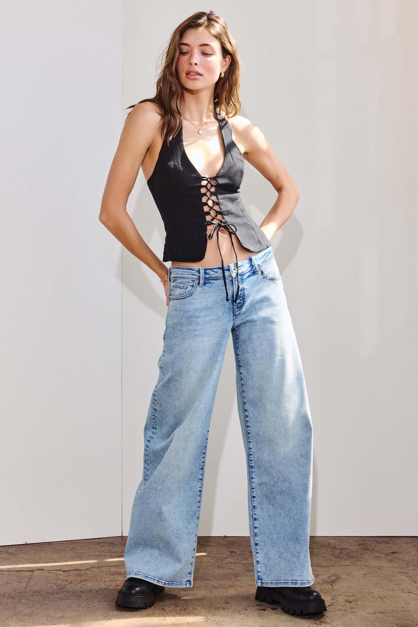 Low Waist Acid Washed Baggy Wide Leg