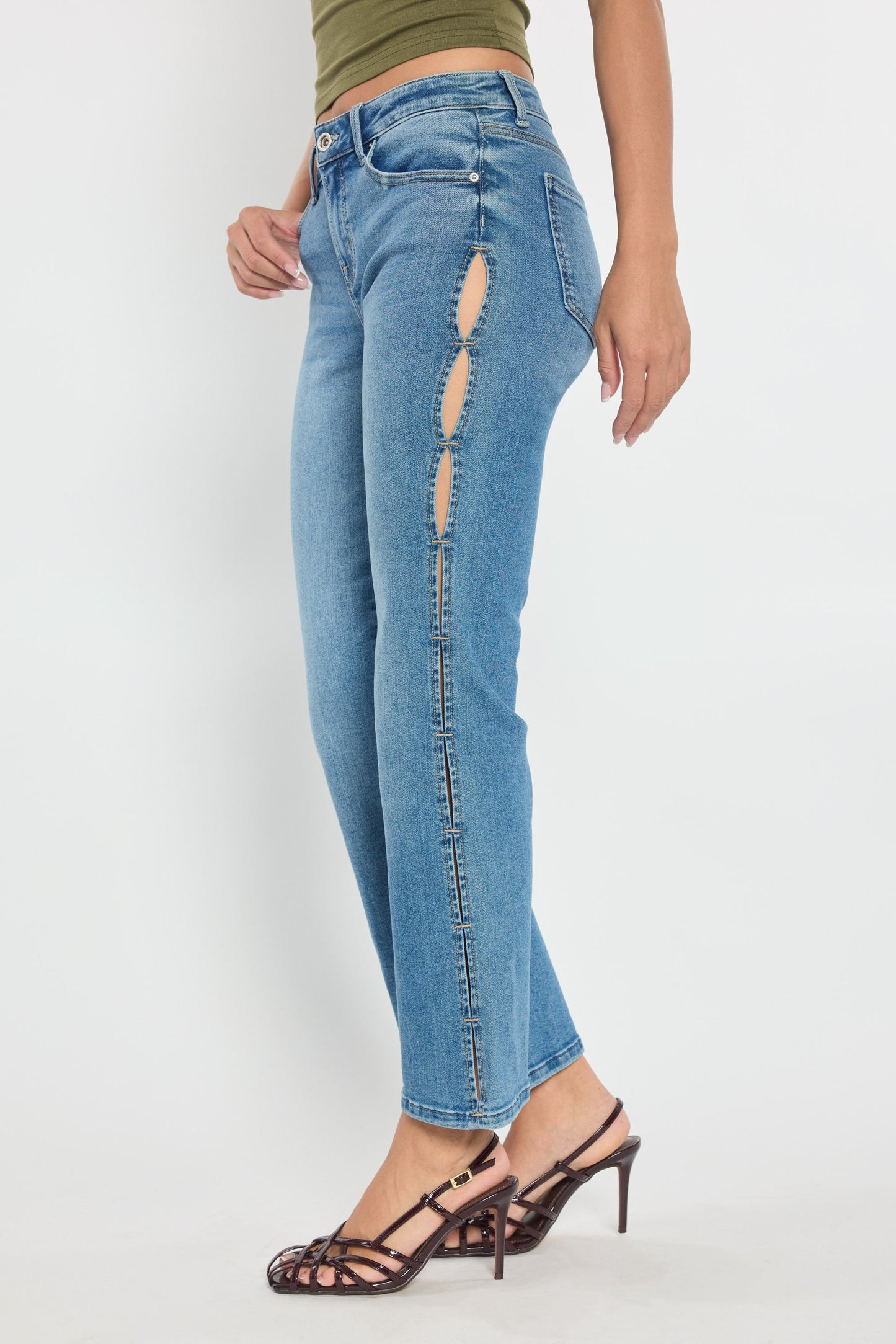 High Rise Relaxed Crop Bootcut with Side Cut-out hole Detail