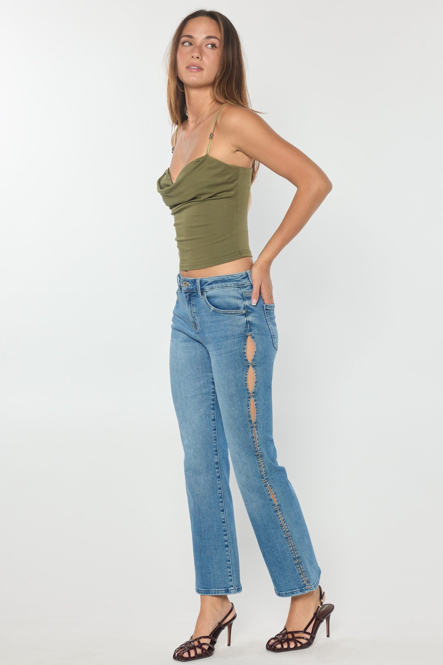 High Rise Relaxed Crop Bootcut with Side Cut-out hole Detail