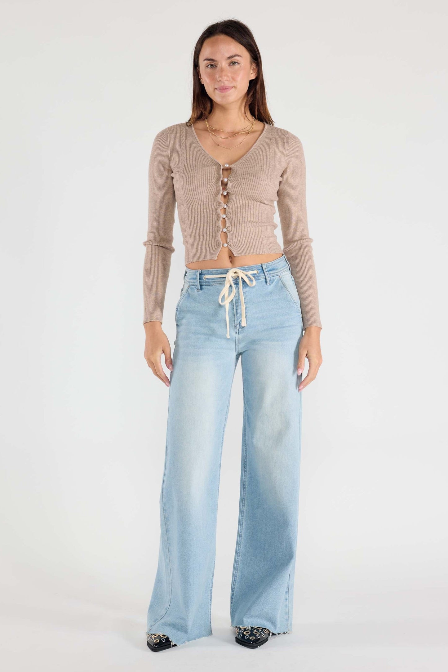Super High Rise Relaxed Wide Leg Jeans with Waist String